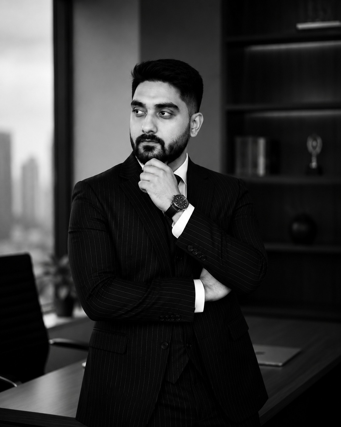 Dhruv Ohri in a pinstripe suit