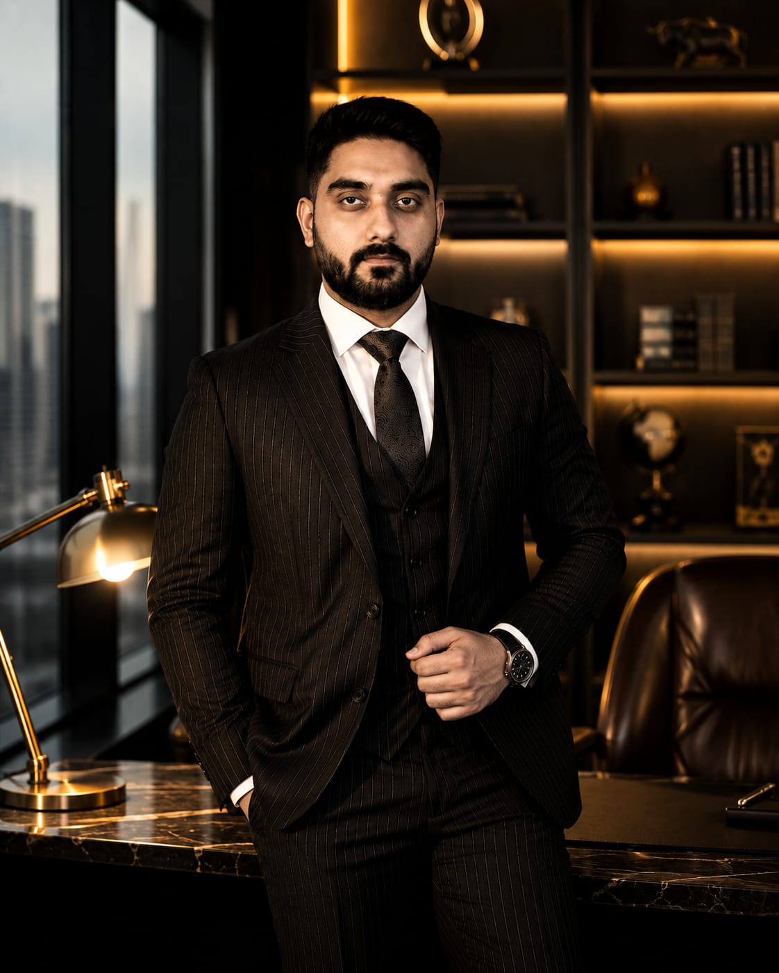 Dhruv Ohri standing in a pinstripe suit
